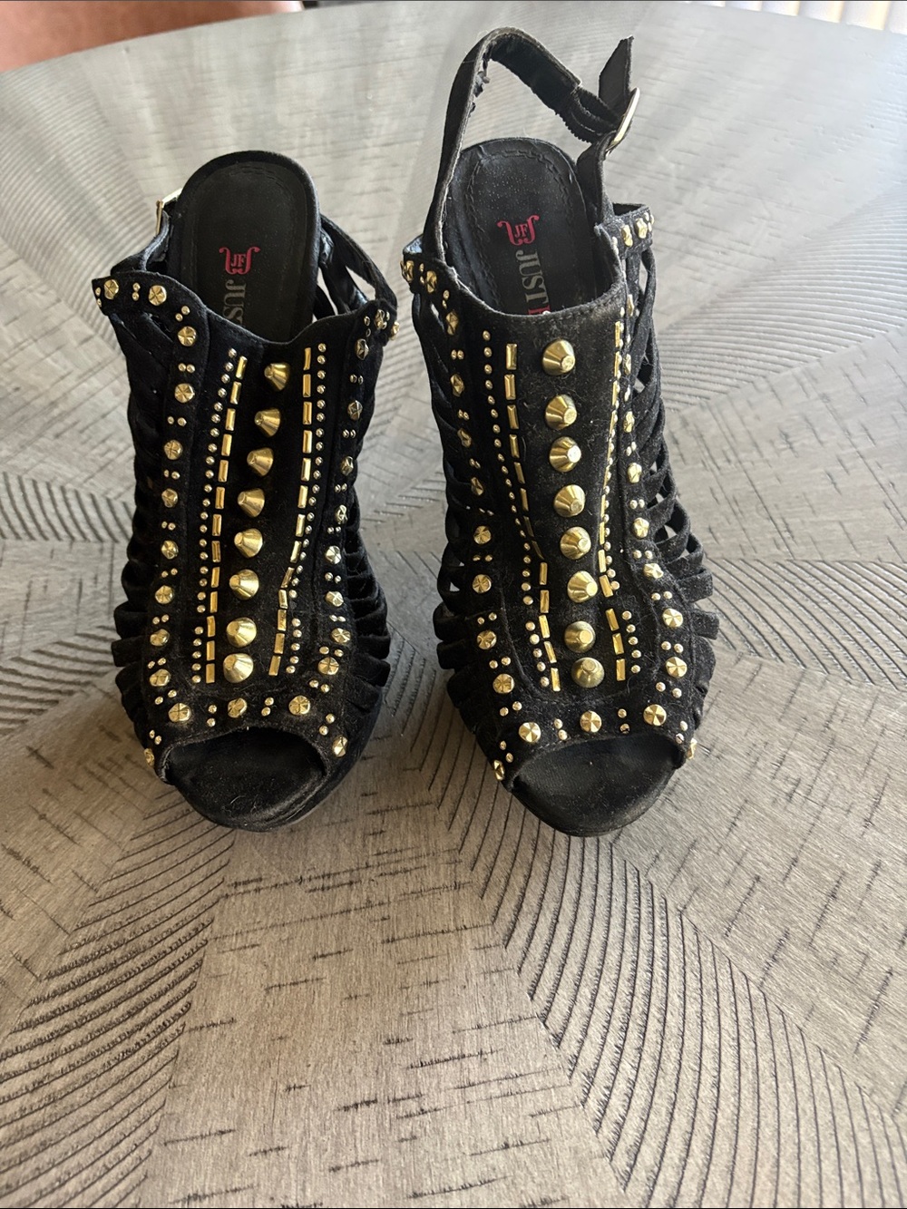 JustFab Black Studded Peep-Toe Slingback Heels with Gold Studs